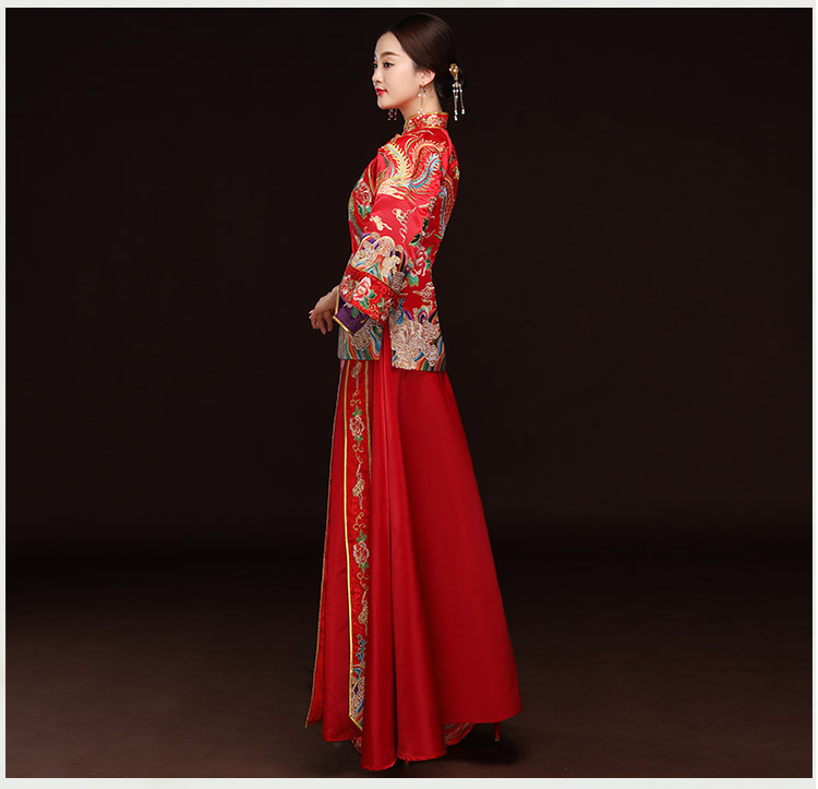 精美鳳凰斜襟新娘禮服，奢華刺繡中式禮服