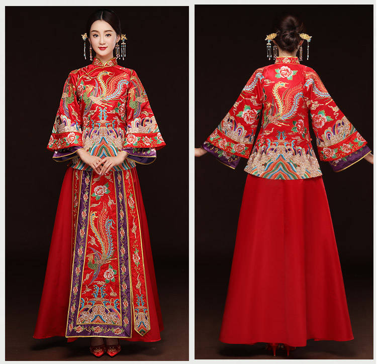 精美鳳凰斜襟新娘禮服，奢華刺繡中式禮服