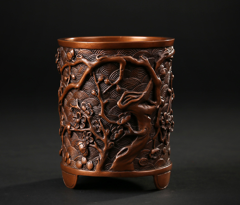 仿古梅花紋筆筒，文房四寶擺件