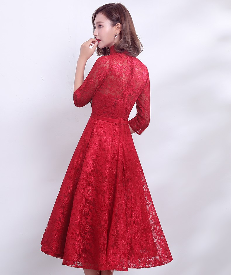 復(fù)古時(shí)尚中式禮服，家佳樂文學(xué)紅色七分袖晚禮服