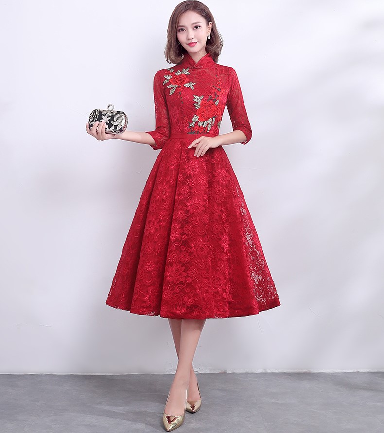 復(fù)古時(shí)尚中式禮服，家佳樂文學(xué)紅色七分袖晚禮服