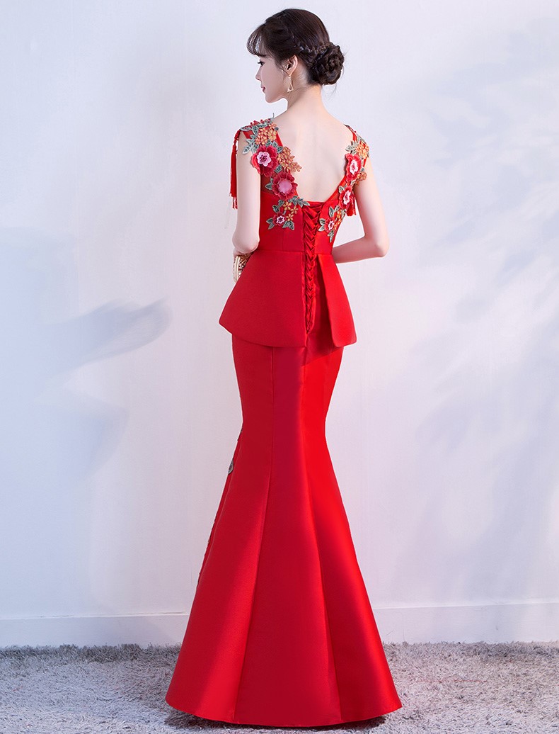 紅色顯瘦長(zhǎng)款中式禮服，家佳樂(lè)文學(xué)魚(yú)尾晚禮服