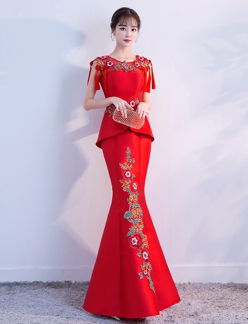 紅色顯瘦長(zhǎng)款中式禮服，家佳樂(lè)文學(xué)魚(yú)尾晚禮服