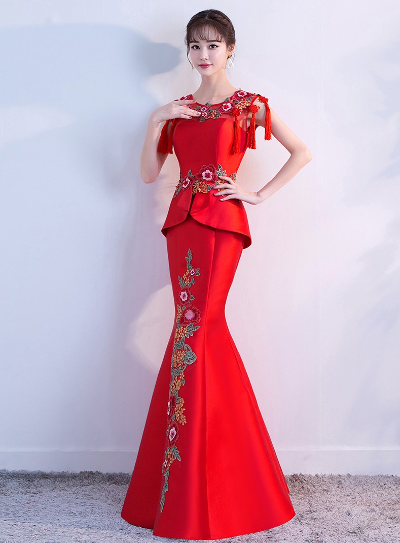 紅色顯瘦長(zhǎng)款中式禮服，家佳樂(lè)文學(xué)魚(yú)尾晚禮服