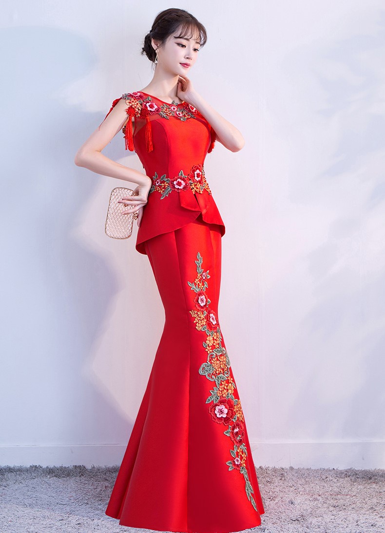 紅色顯瘦長(zhǎng)款中式禮服，家佳樂(lè)文學(xué)魚(yú)尾晚禮服