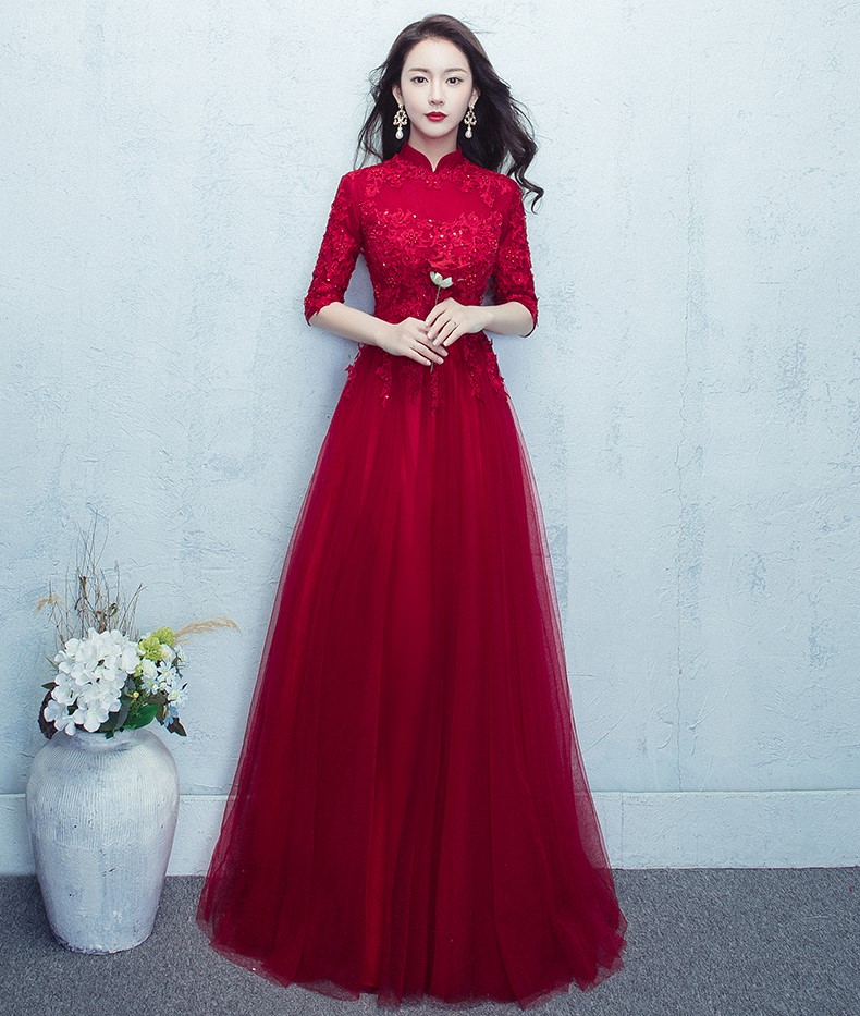 紅色蕾絲網紗裙中式禮服，優(yōu)雅修身晚禮服