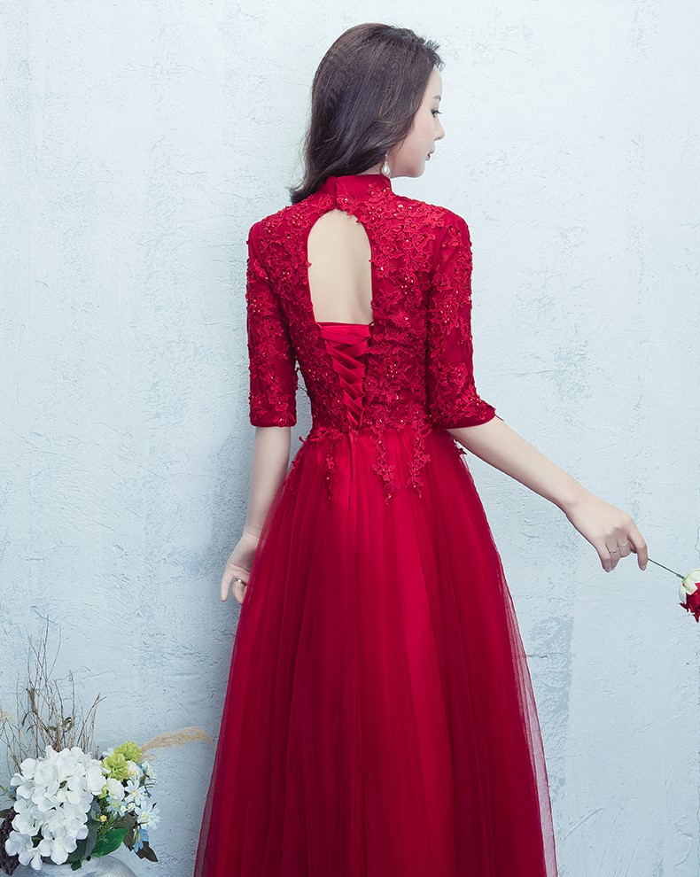 紅色蕾絲網紗裙中式禮服，優(yōu)雅修身晚禮服