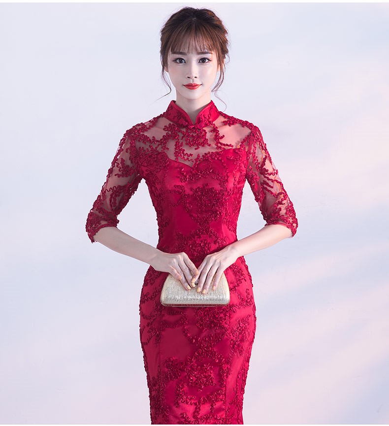 精致復(fù)古中式禮服，蕾絲魚(yú)尾晚禮服