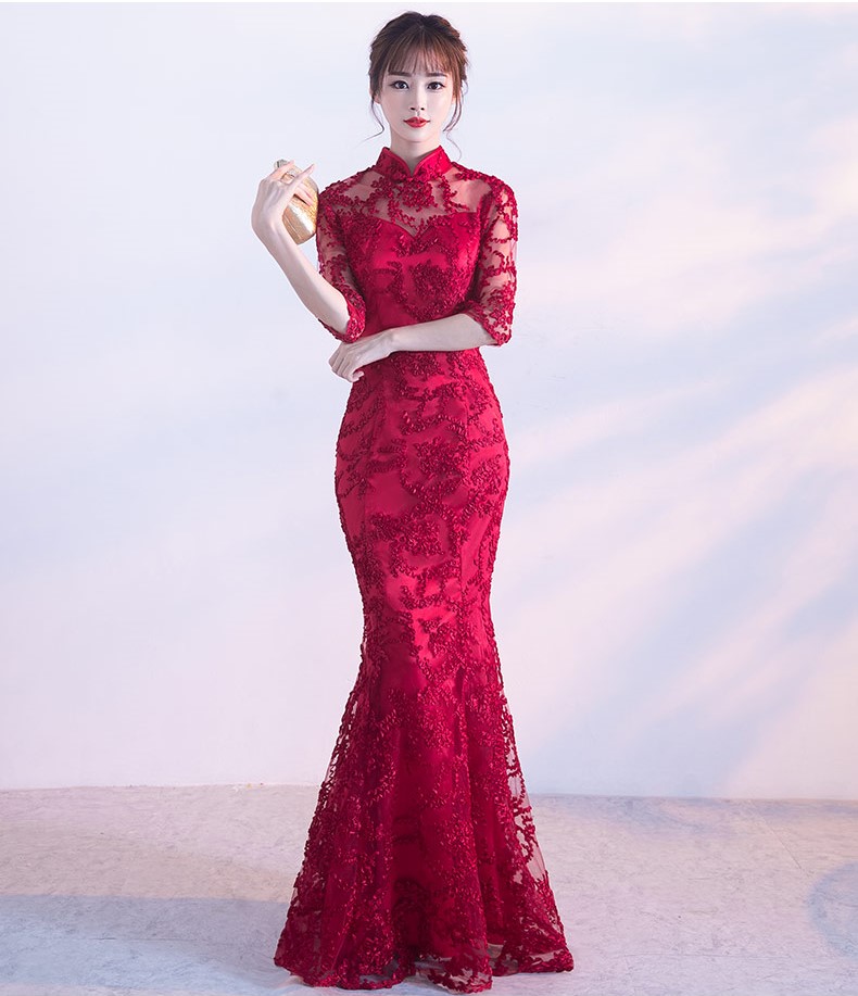 精致復(fù)古中式禮服，蕾絲魚(yú)尾晚禮服