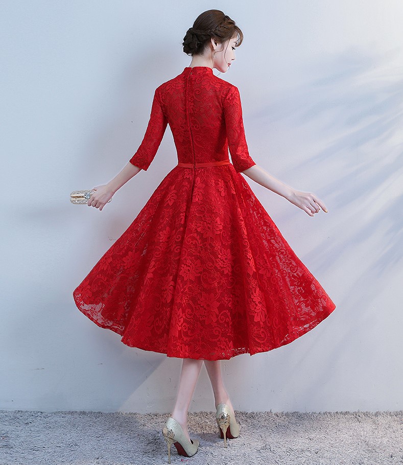 復(fù)古立領(lǐng)中式禮服，蕾絲中袖晚禮服