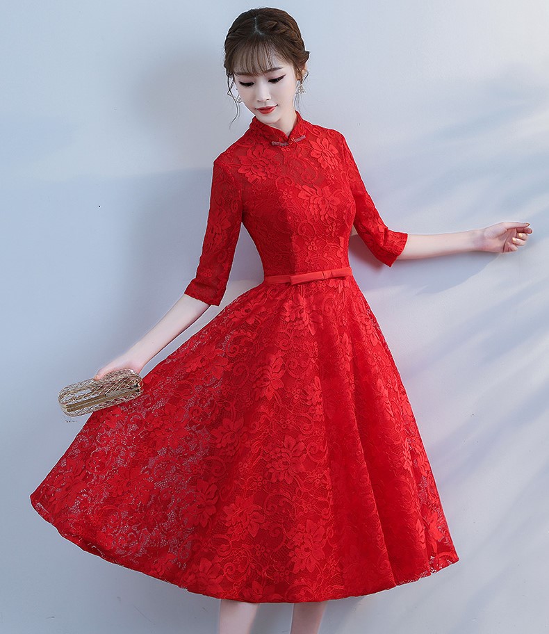 復(fù)古立領(lǐng)中式禮服，蕾絲中袖晚禮服