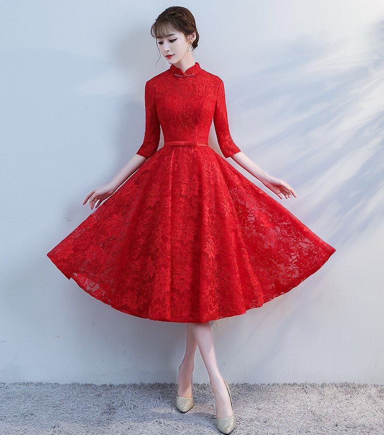 復(fù)古立領(lǐng)中式禮服，蕾絲中袖晚禮服
