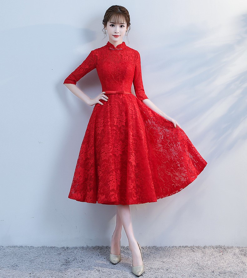 復(fù)古立領(lǐng)中式禮服，蕾絲中袖晚禮服
