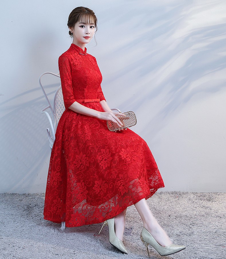 復(fù)古立領(lǐng)中式禮服，蕾絲中袖晚禮服