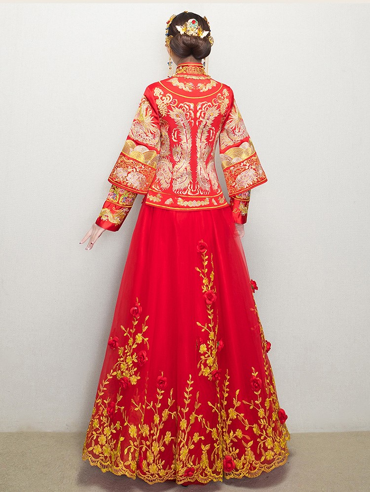 復古龍鳳褂中式禮服，蕾絲網(wǎng)紗裙新娘結(jié)婚禮服