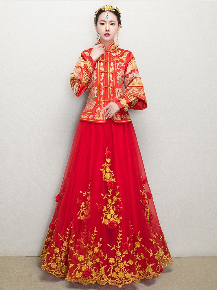 復古龍鳳褂中式禮服，蕾絲網(wǎng)紗裙新娘結(jié)婚禮服