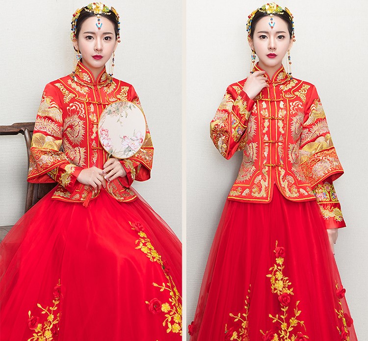 復古龍鳳褂中式禮服，蕾絲網(wǎng)紗裙新娘結(jié)婚禮服