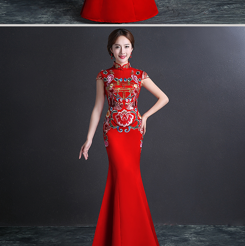 雙喜繡花中式禮服，魚尾修身晚禮服