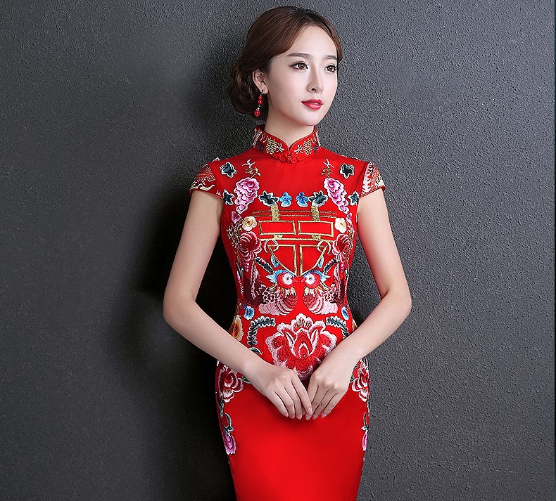 雙喜繡花中式禮服，魚尾修身晚禮服