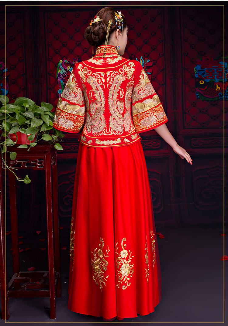 紅色中袖中式禮服，復(fù)古家佳樂文學(xué)新娘禮服