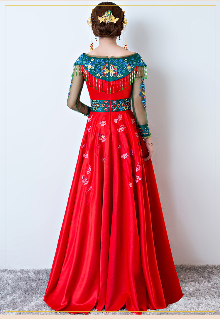 時(shí)尚一字肩中式禮服，復(fù)古家佳樂文學(xué)新娘禮服