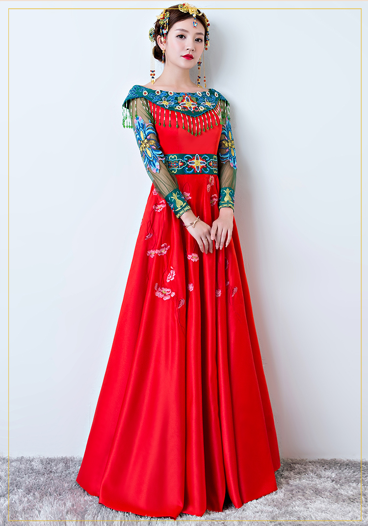 時(shí)尚一字肩中式禮服，復(fù)古家佳樂文學(xué)新娘禮服