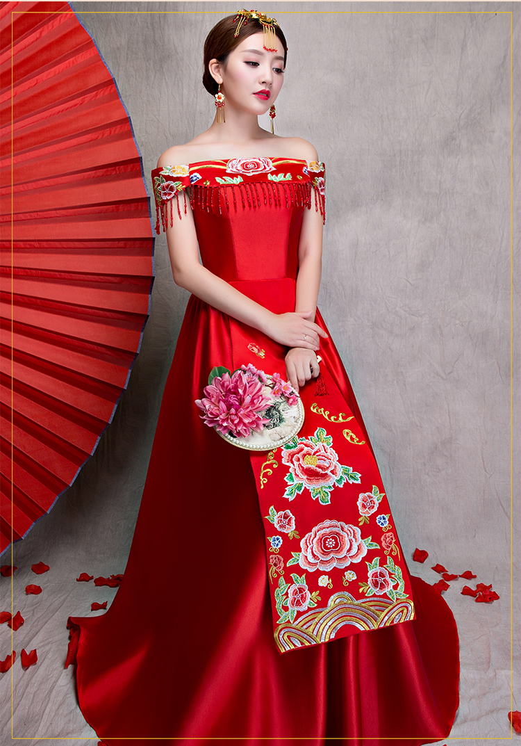 時(shí)尚一字肩無(wú)袖中式禮服，家佳樂(lè)文學(xué)新娘禮服