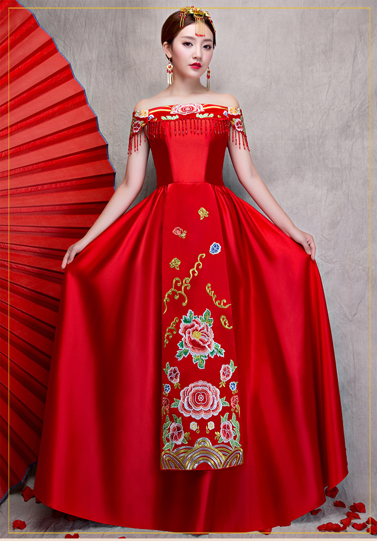 時(shí)尚一字肩無(wú)袖中式禮服，家佳樂(lè)文學(xué)新娘禮服