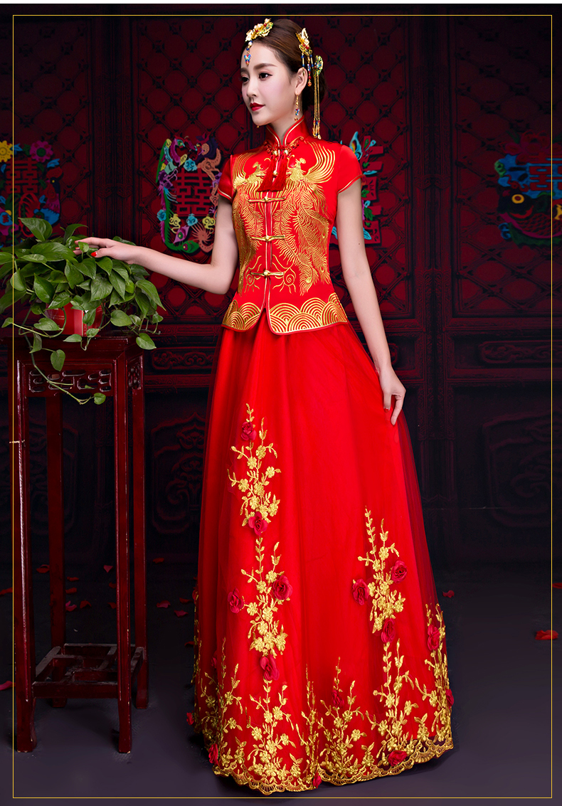 短袖對襟中式禮服，蕾絲裙新娘禮服