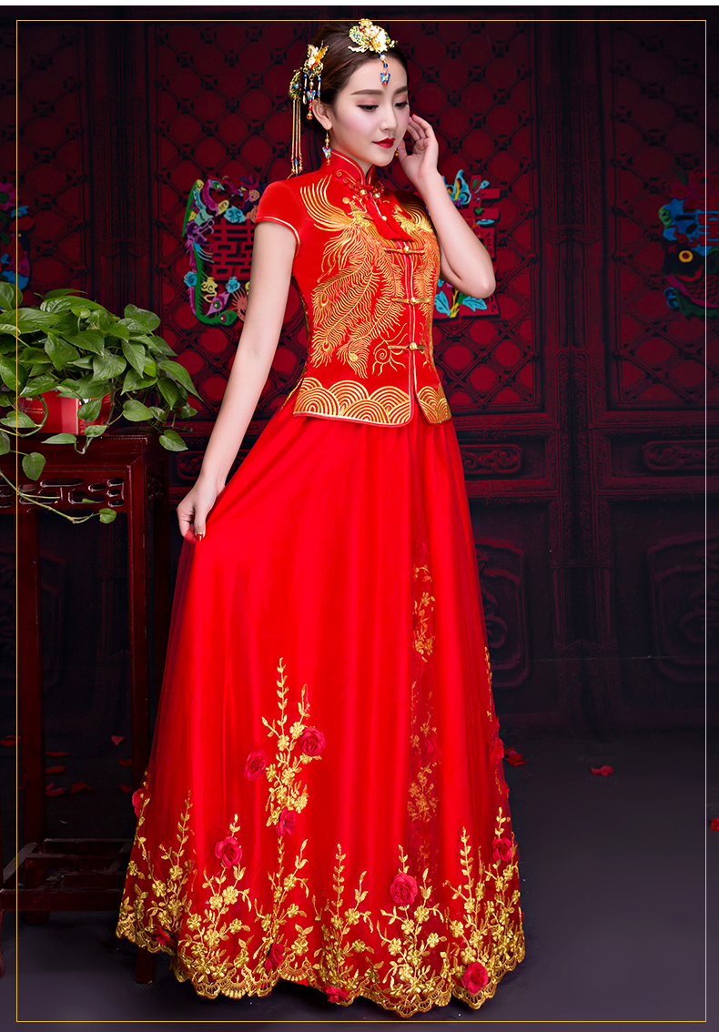 短袖對襟中式禮服，蕾絲裙新娘禮服