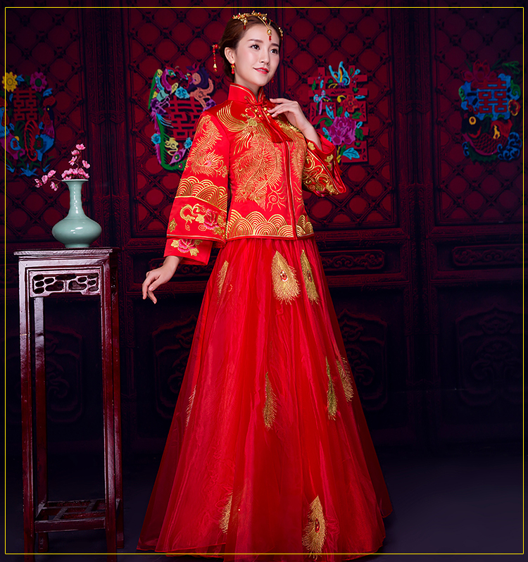 羽毛繡花蕾絲裙新娘禮服，時尚中式禮服