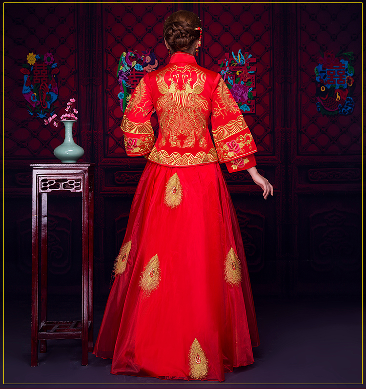 羽毛繡花蕾絲裙新娘禮服，時尚中式禮服