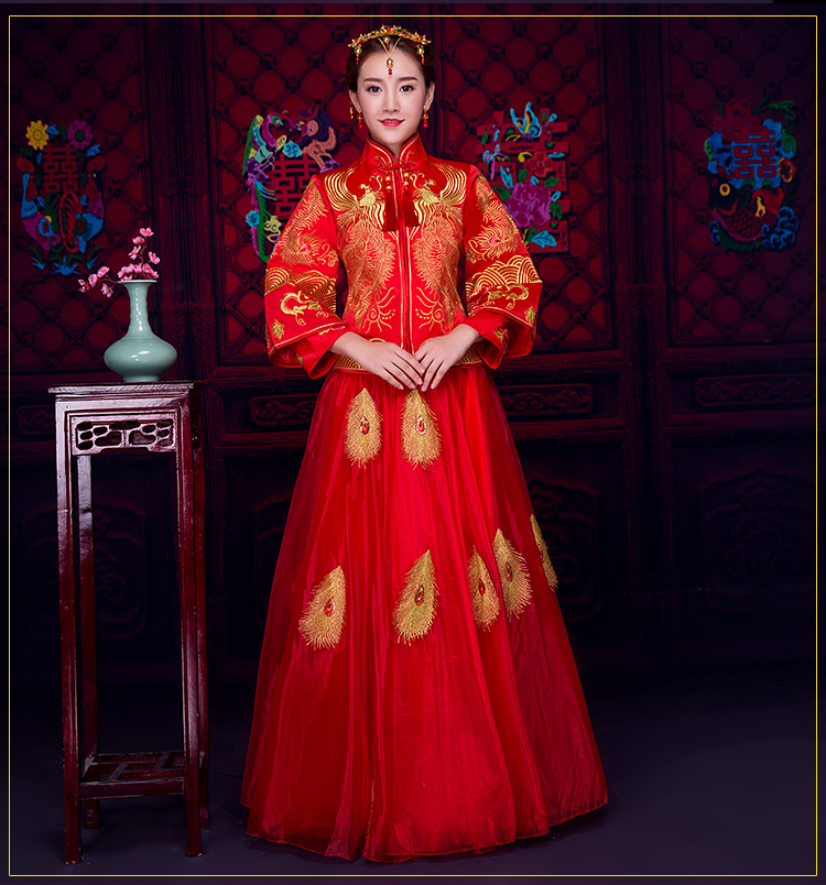 羽毛繡花蕾絲裙新娘禮服，時尚中式禮服