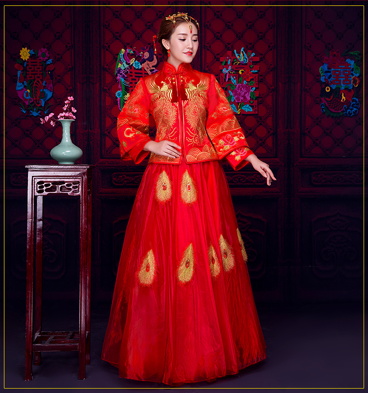 羽毛繡花蕾絲裙新娘禮服，時尚中式禮服