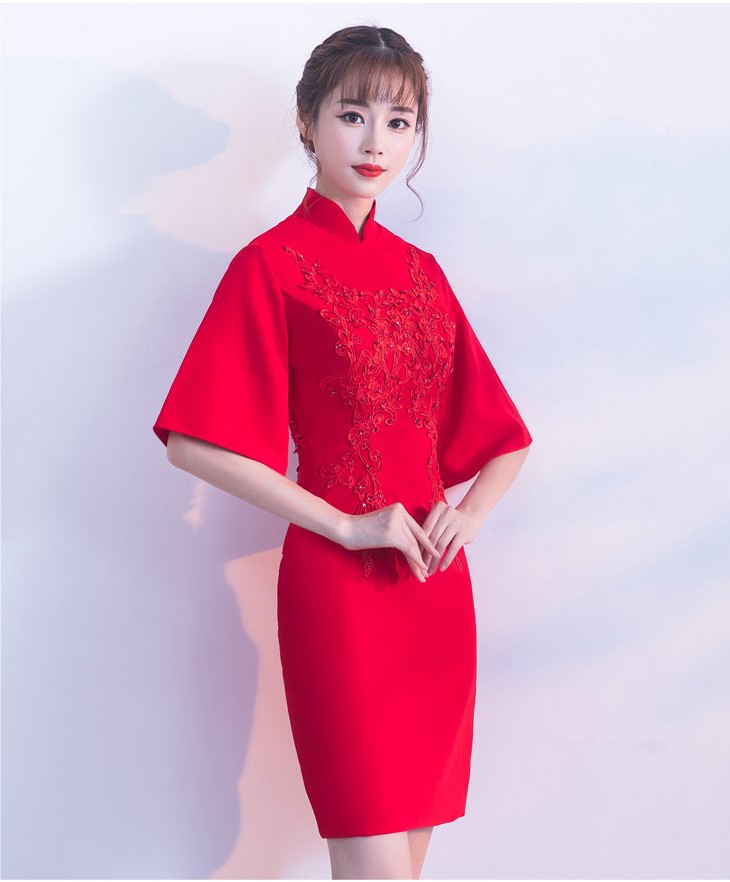 氣質(zhì)小禮服裙，短款紅色中式禮服