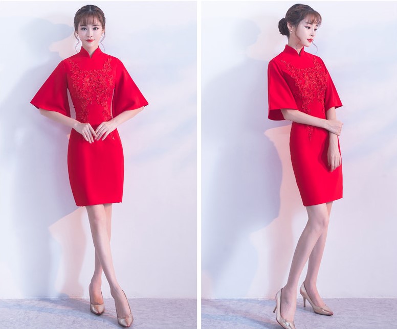 氣質(zhì)小禮服裙，短款紅色中式禮服