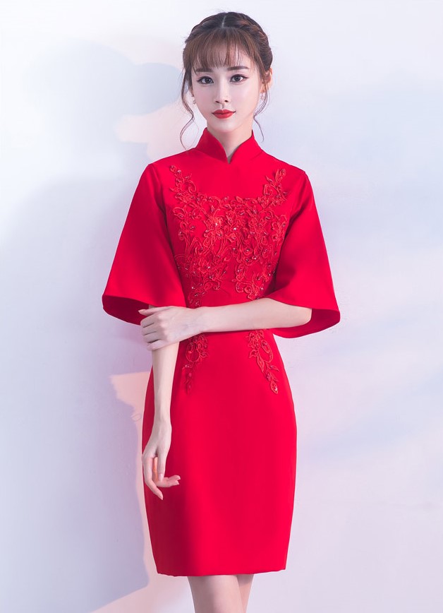 氣質(zhì)小禮服裙，短款紅色中式禮服