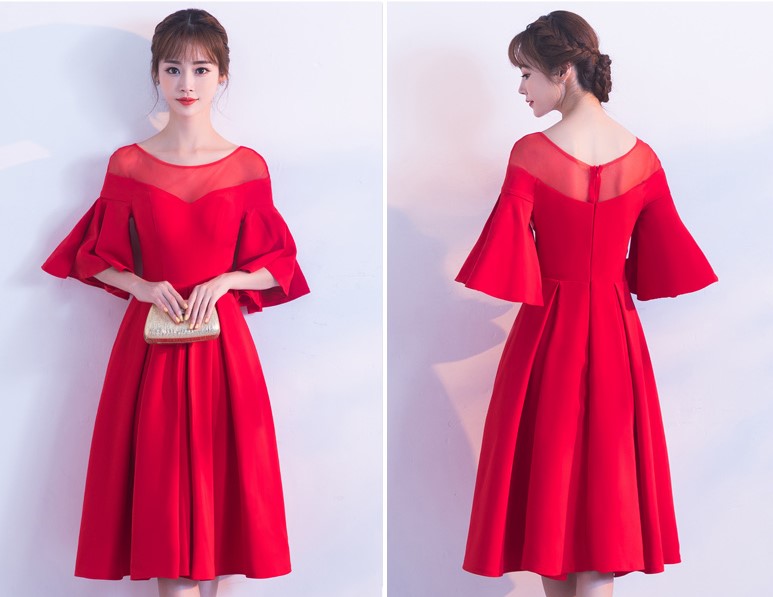 時尚荷葉袖中長款禮服裙，優(yōu)雅網(wǎng)紗中式禮服