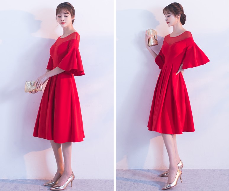 時尚荷葉袖中長款禮服裙，優(yōu)雅網(wǎng)紗中式禮服