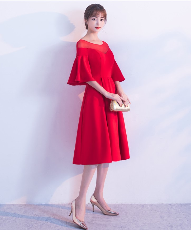 時尚荷葉袖中長款禮服裙，優(yōu)雅網(wǎng)紗中式禮服