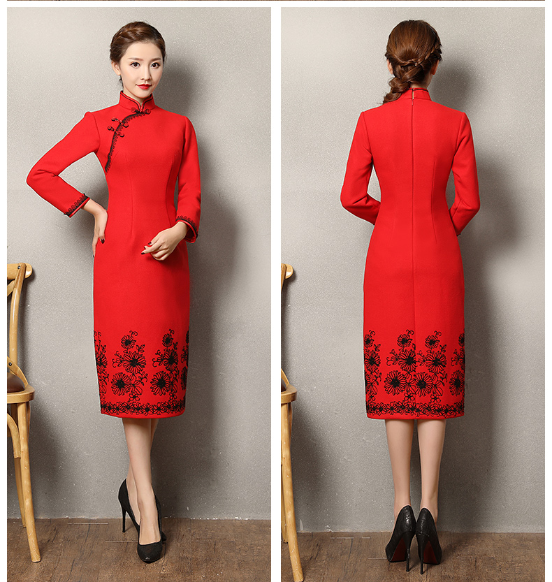 復(fù)古之美紅色旗袍，蕾絲花紋修身旗袍裙