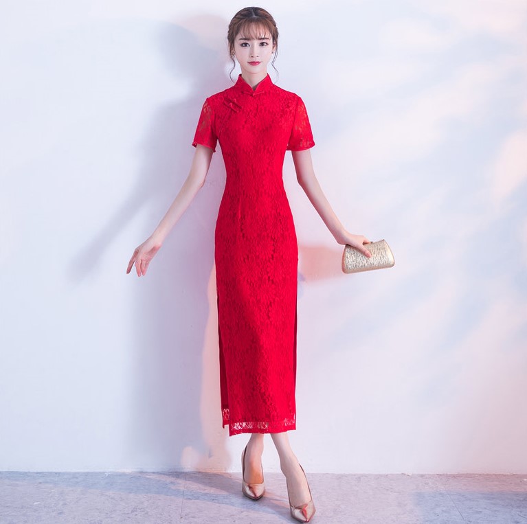 性感開叉紅色旗袍，蕾絲花紋旗袍禮服裙