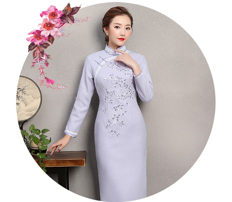 紫色繁花旗袍，復(fù)古刺繡旗袍裙