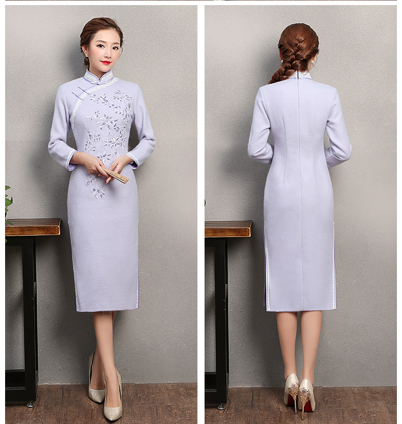 紫色繁花旗袍，復(fù)古刺繡旗袍裙