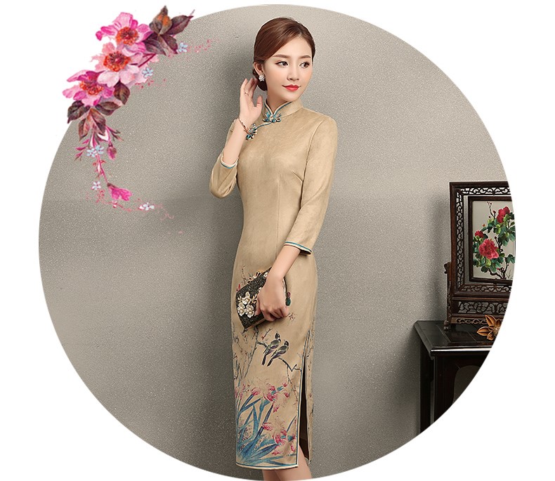 黃色印花相依旗袍，復(fù)古民族風(fēng)旗袍裙