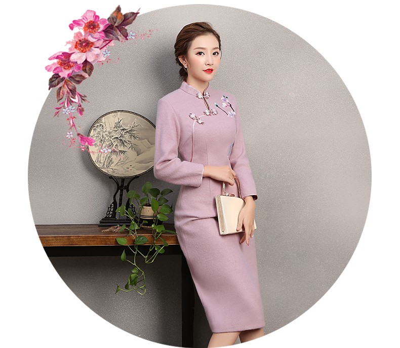 粉紫色繡花旗袍，復(fù)古民族風(fēng)旗袍裙