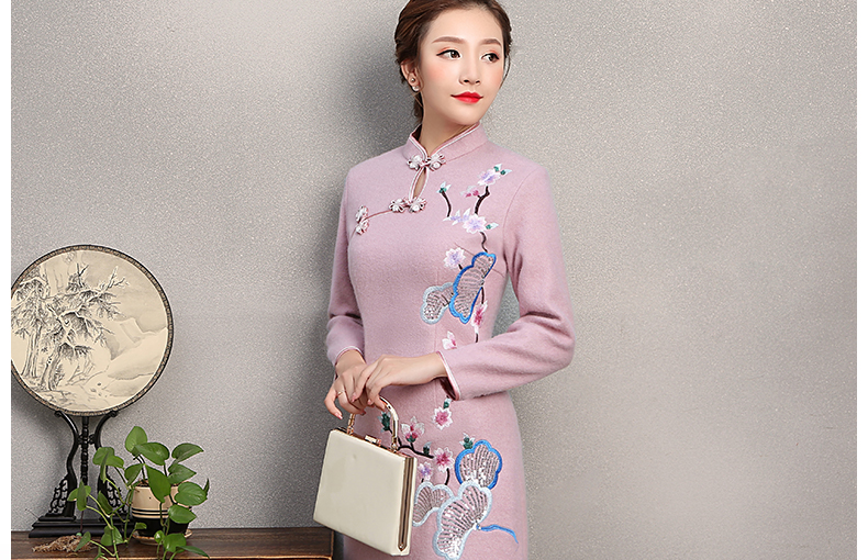粉紫色繡花旗袍，復(fù)古民族風(fēng)旗袍裙