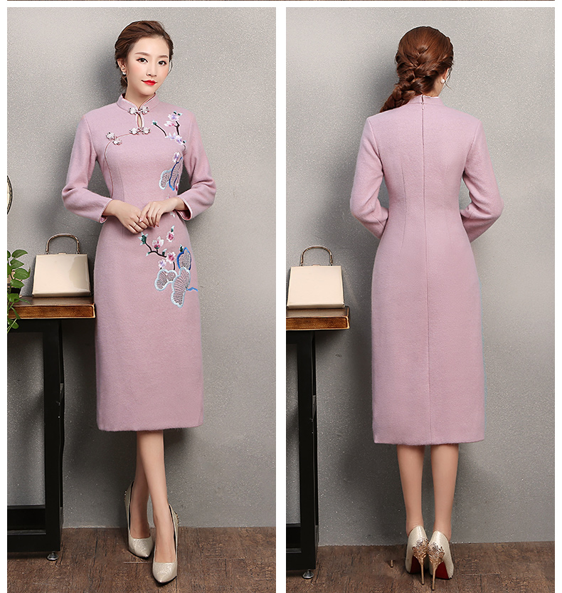 粉紫色繡花旗袍，復(fù)古民族風(fēng)旗袍裙
