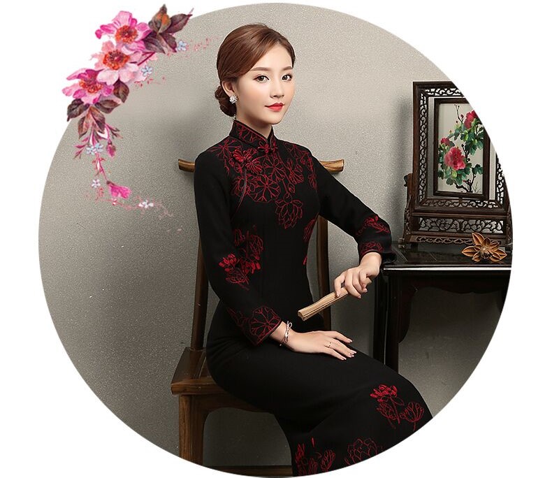 家佳樂文學(xué)荷花刺繡旗袍，復(fù)古中式旗袍裙