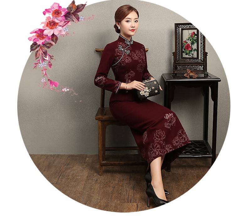 家佳樂文學(xué)荷花刺繡旗袍，復(fù)古中式旗袍裙